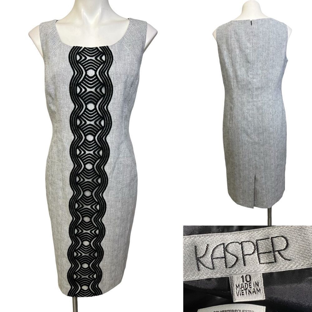 Kasper dress size 10‎ gray black fully lined sleeveless sheath office church -3